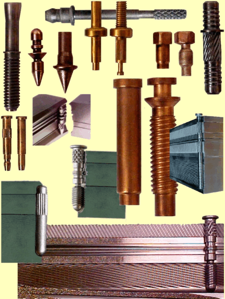 form-rolling flat dies; arerospace parts automotive roll formed parts, thread rolling, groove rolling, point rolling, knurl rolling, radius point forming, fasteners, pop-rivets, earring posts